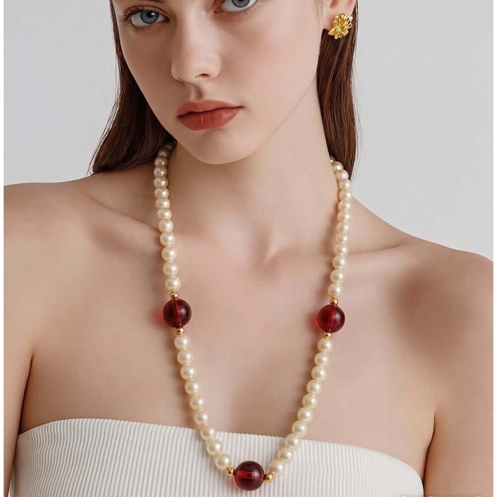 Vintage Faux Pearl Necklace with Large Red Lucite Glass Beads & Gold Accents
